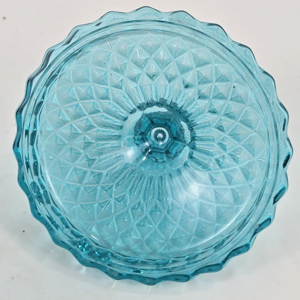 Vtg Style Teal Blue Diamond Cut Lidded Glass Vanity Jar w Tassel 6.5x4